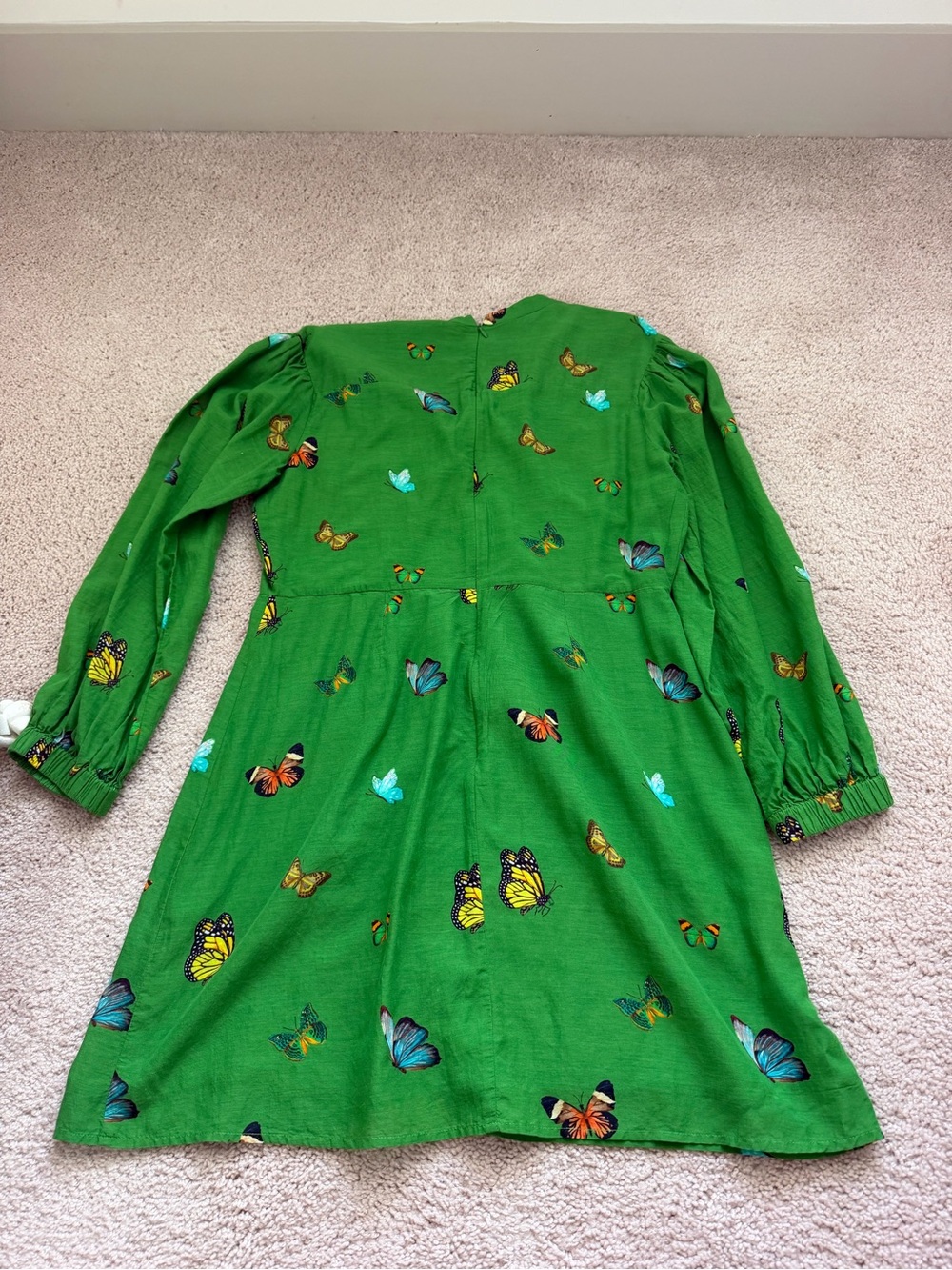 Green Butterfly-Print Long Sleeve Dress with Yellow Trim - Picture 4 of 4